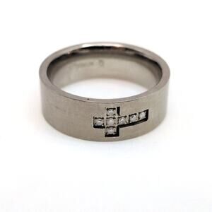 Brushed Titanium Mens 8MM Ring Diamond Accent Sideways Cross Band Size 10.5